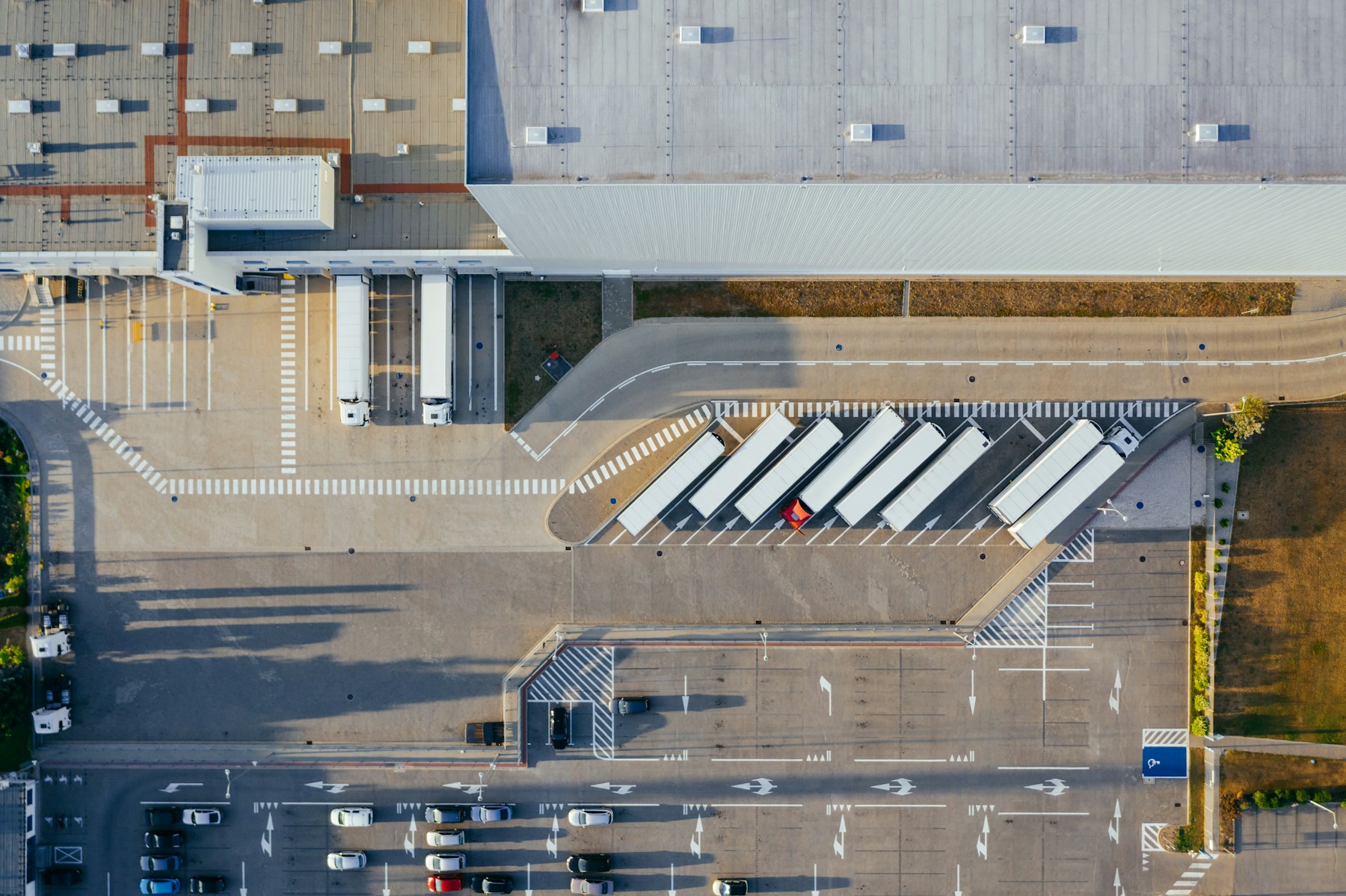 Aerial view of trucks at loading docks